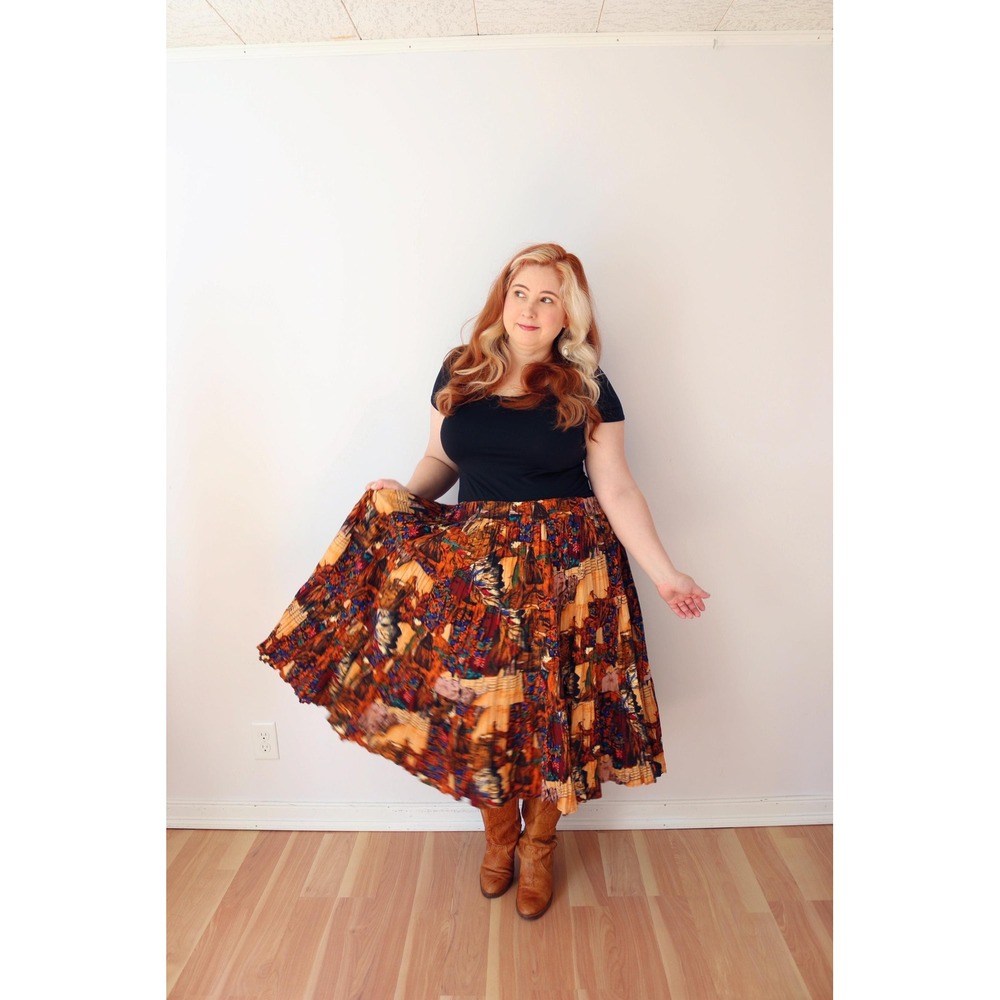 Vintage Western Novelty Print Broomstick Skirt Brown Multi Tiered Pleated Midi - Picture 3 of 9